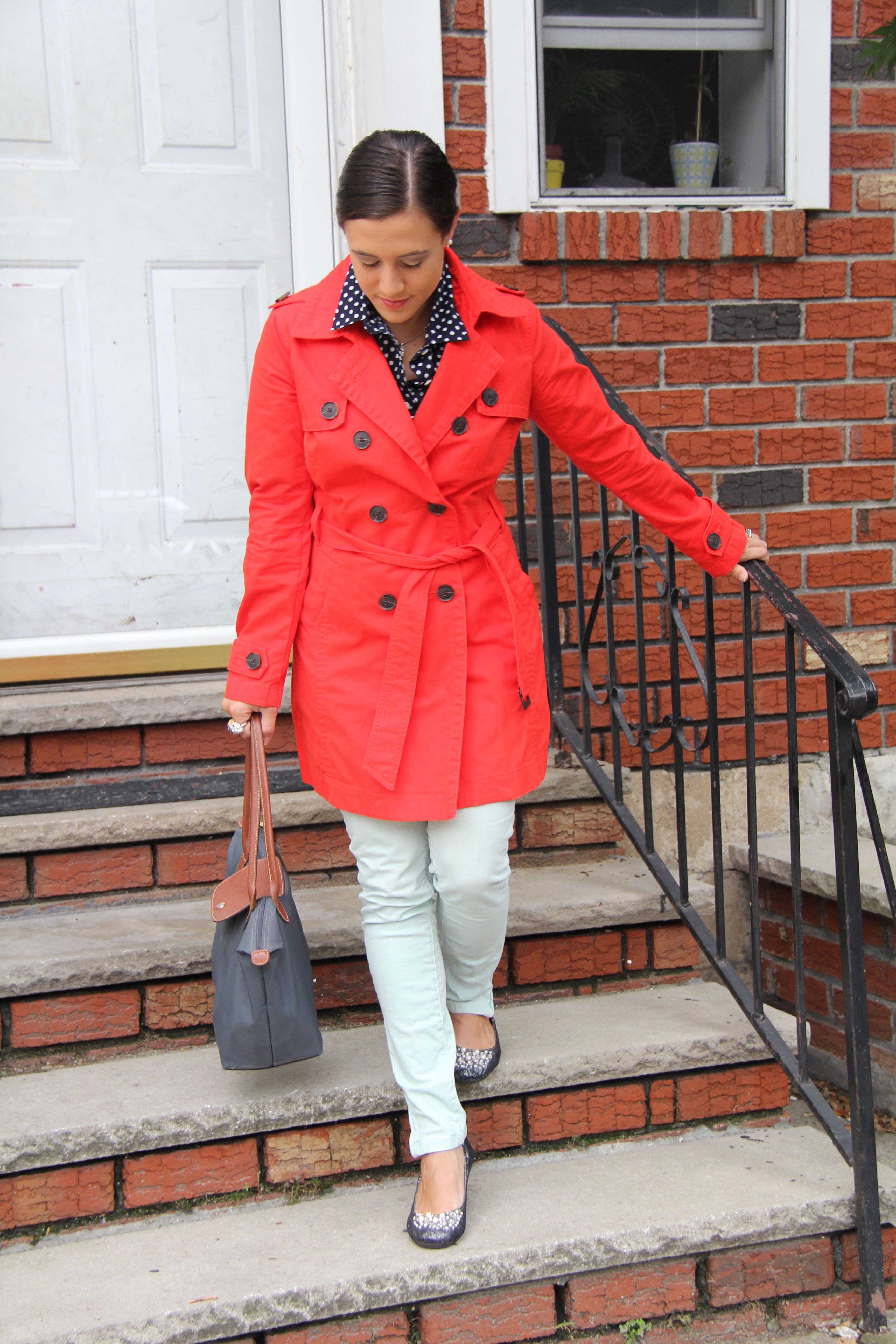 casual red trench coat outfit